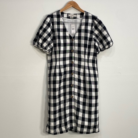 Loft Line Rayon Blend Dress Checkered Short Sleeve V-neck Women's 8 Black White - Picture 1 of 12